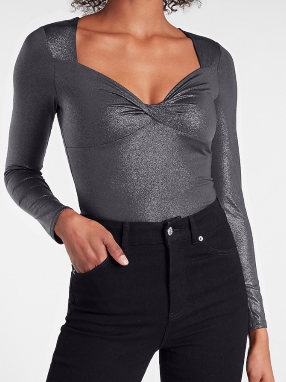 Express Body Contour Metallic Silver Gunmetal Gray Long Sleeve Bodysuit XL